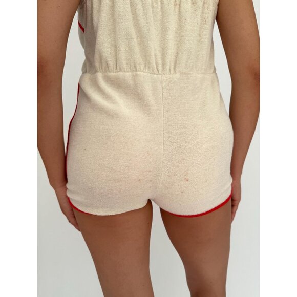 60s 70s vintage red cream ringer terry cloth mini romper shorts playsuit small - Picture 8 of 10